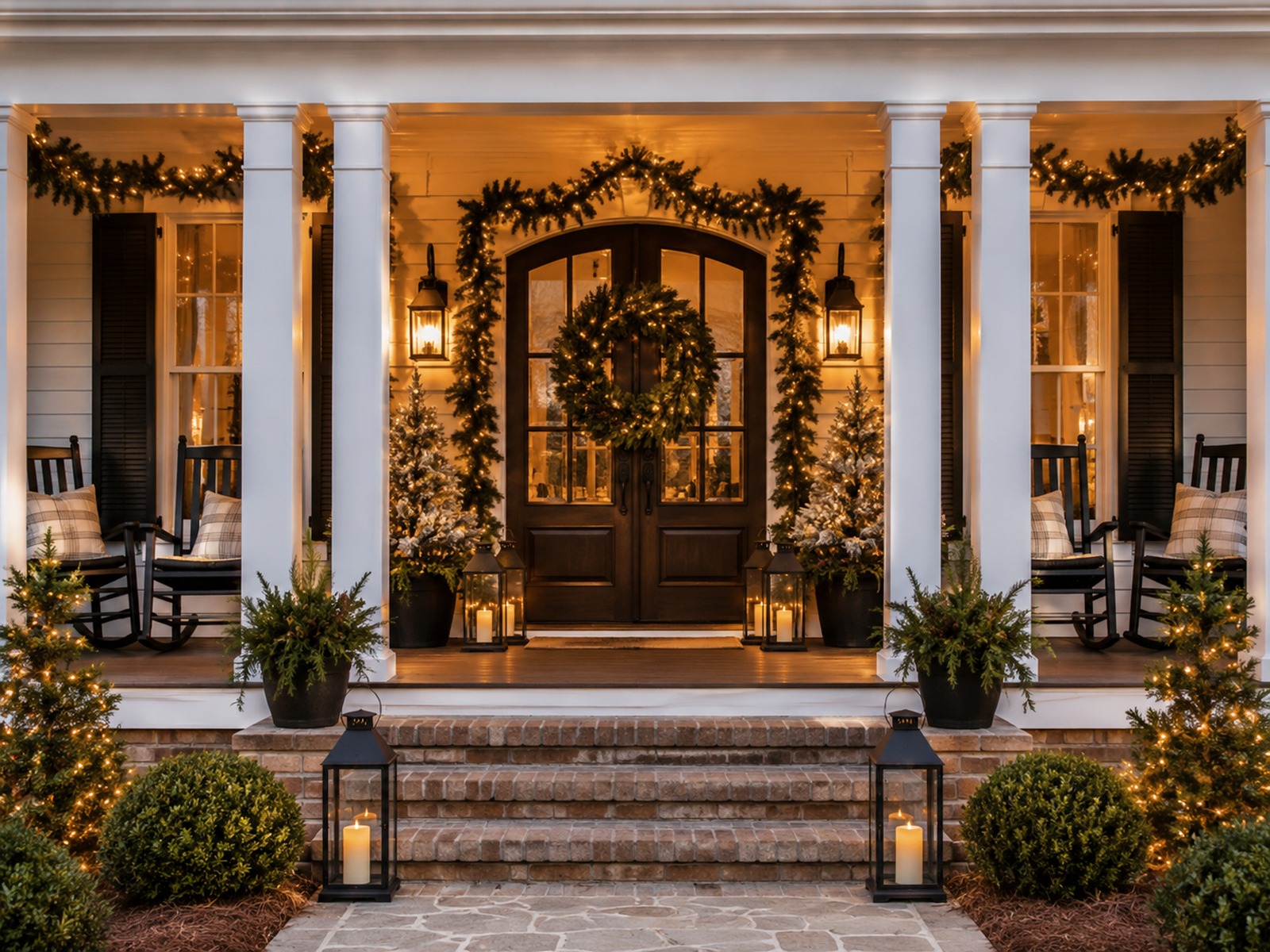 Collierville Christmas porch decorating with wreaths garland and front door holiday styling