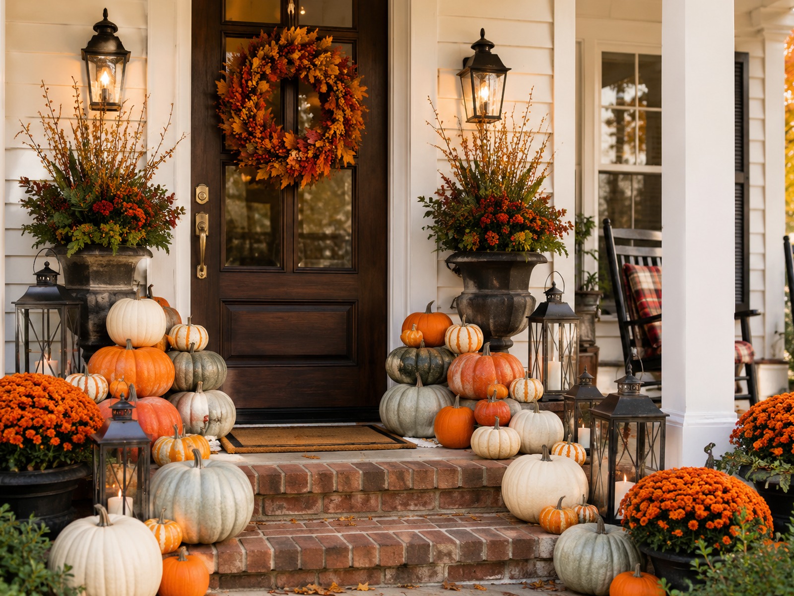 Memphis fall porch decorating with layered pumpkins and neutral Southern porch styling